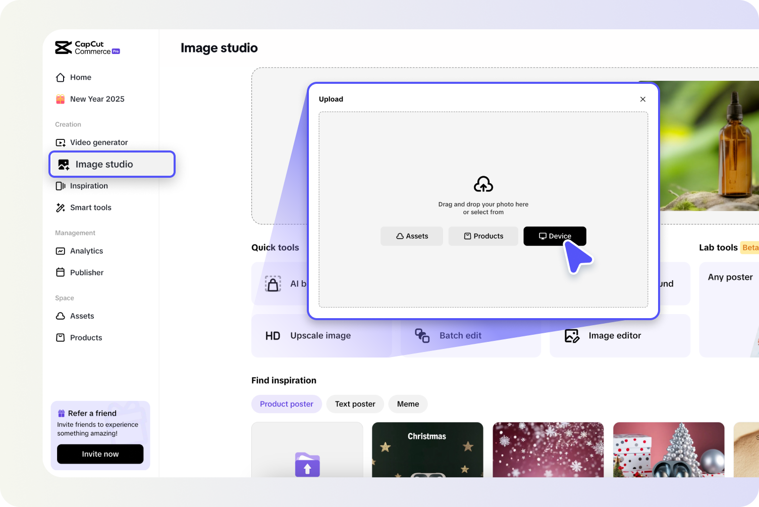 Bảng điều khiển của Pippit's Image Studio hiển thị rõ các tùy chọn 'Phóng đại hình ảnh' và 'Trình chỉnh sửa hình ảnh.'