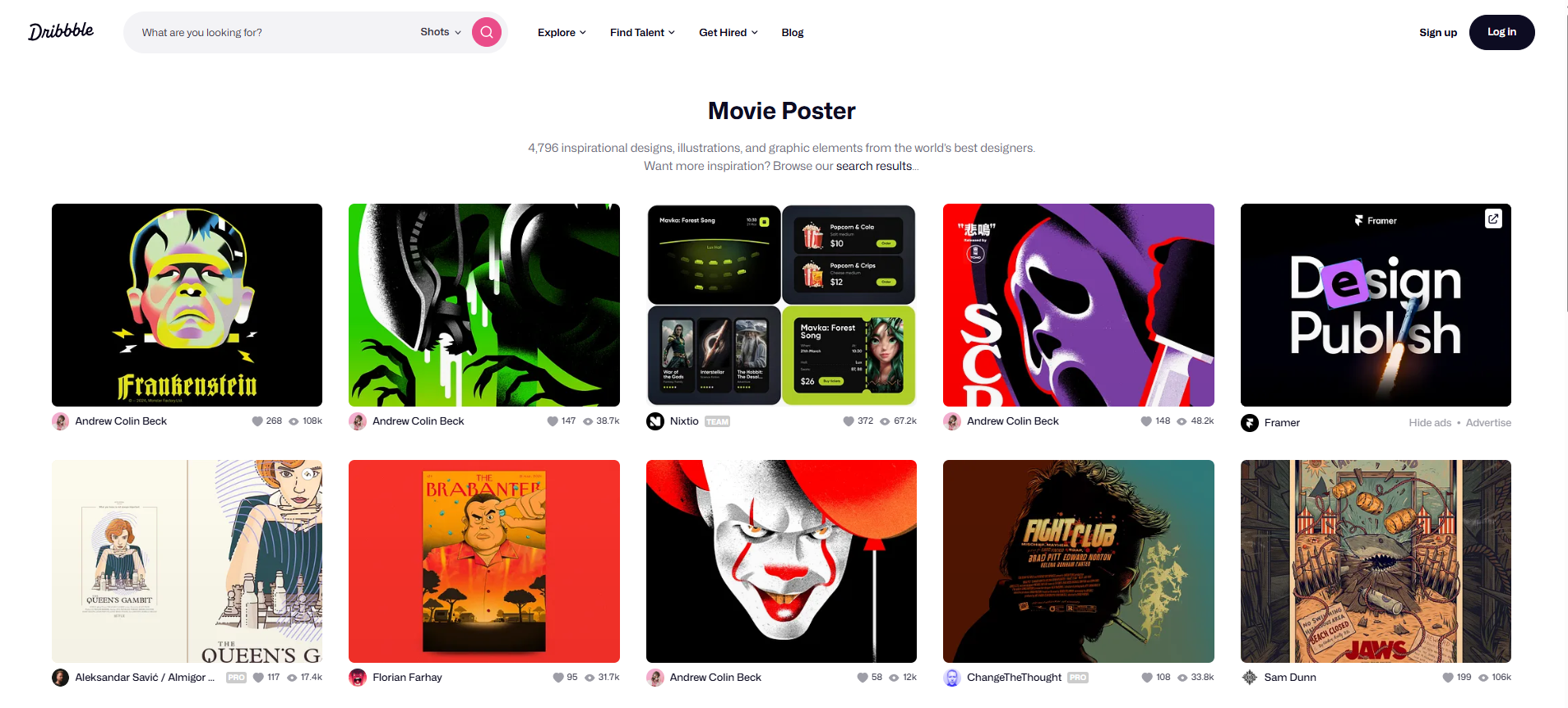 Interface of Dribble - another site with diverse movie poster designs