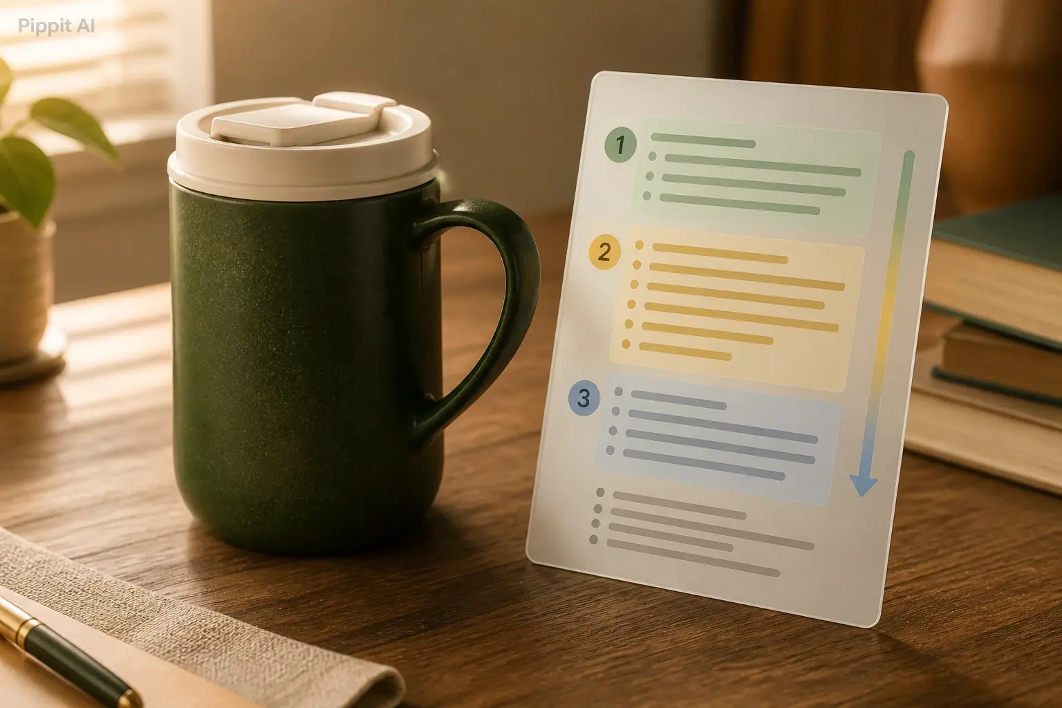 Mug beside a card showing three numbered prompt sections and a downward arrow