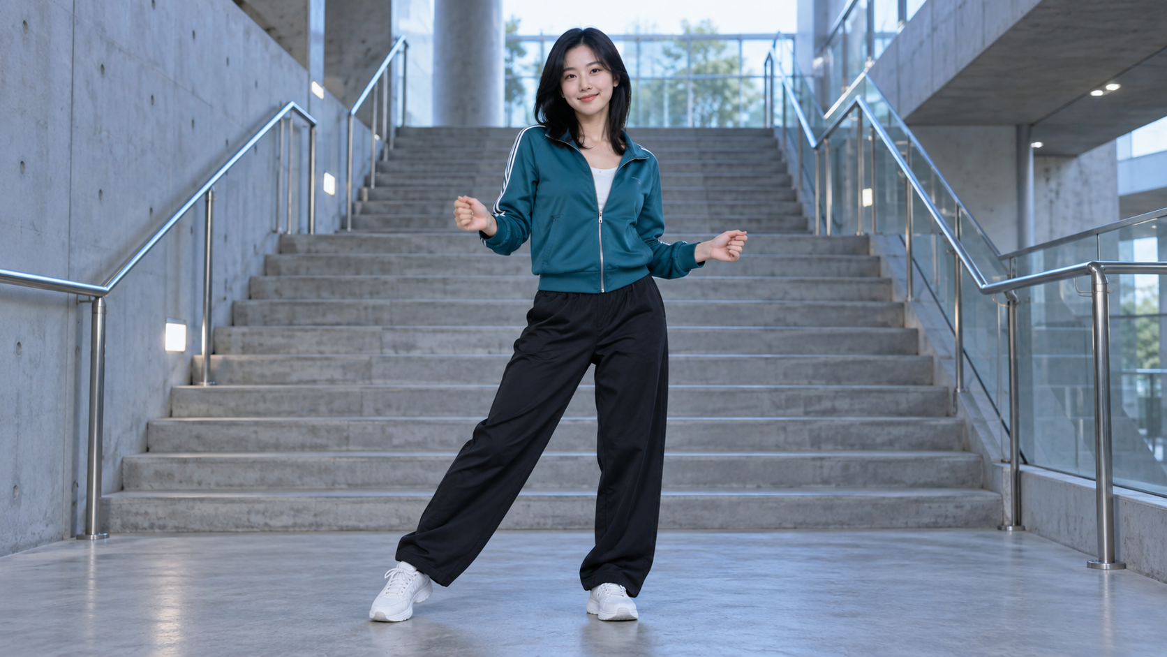 Original adult performer in a teal jacket on a concrete stairwell landing