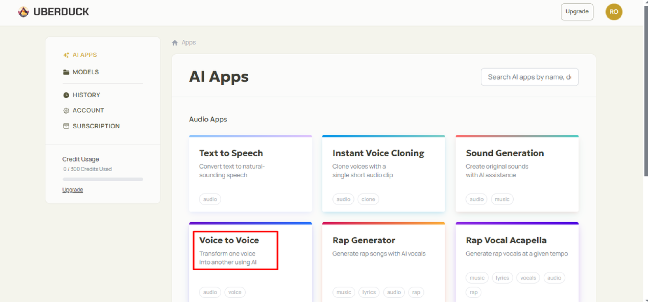 Επιλέγοντας ένα χαρακτηριστικό voice-to-voice για τη δημιουργία φωνών rapper AI στο Uberduck