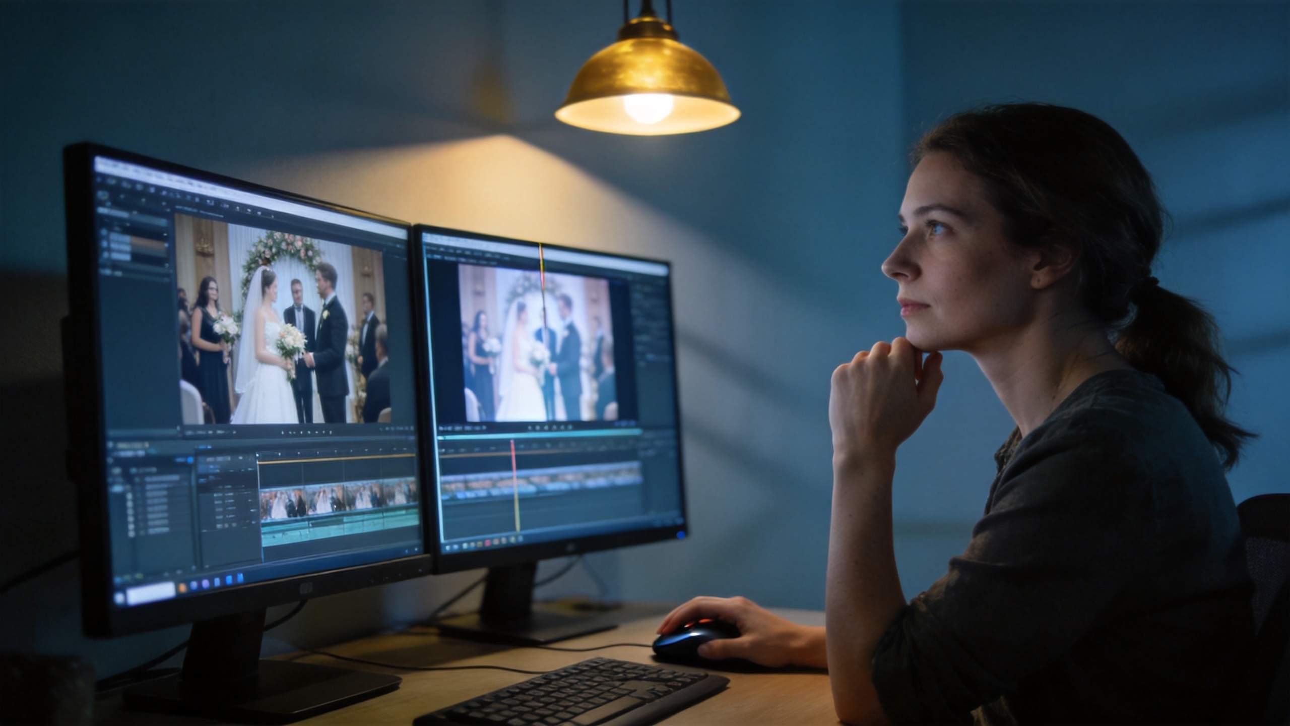 Video editor reviewing wedding footage on dual monitors