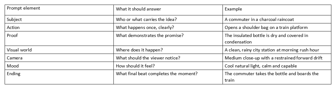 Table listing prompt elements, questions, and example answers for a video prompt.
