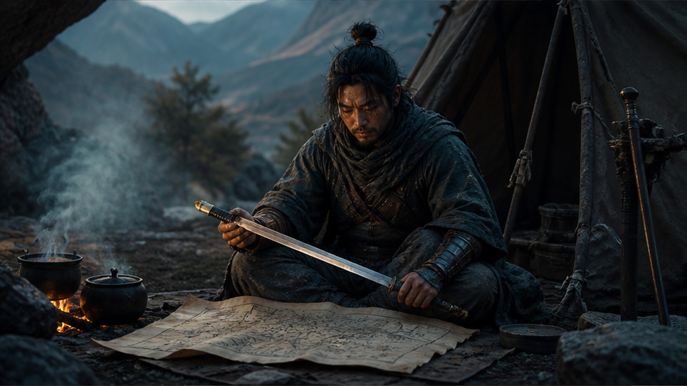 Warrior Reflection Traveler studying a sword and map