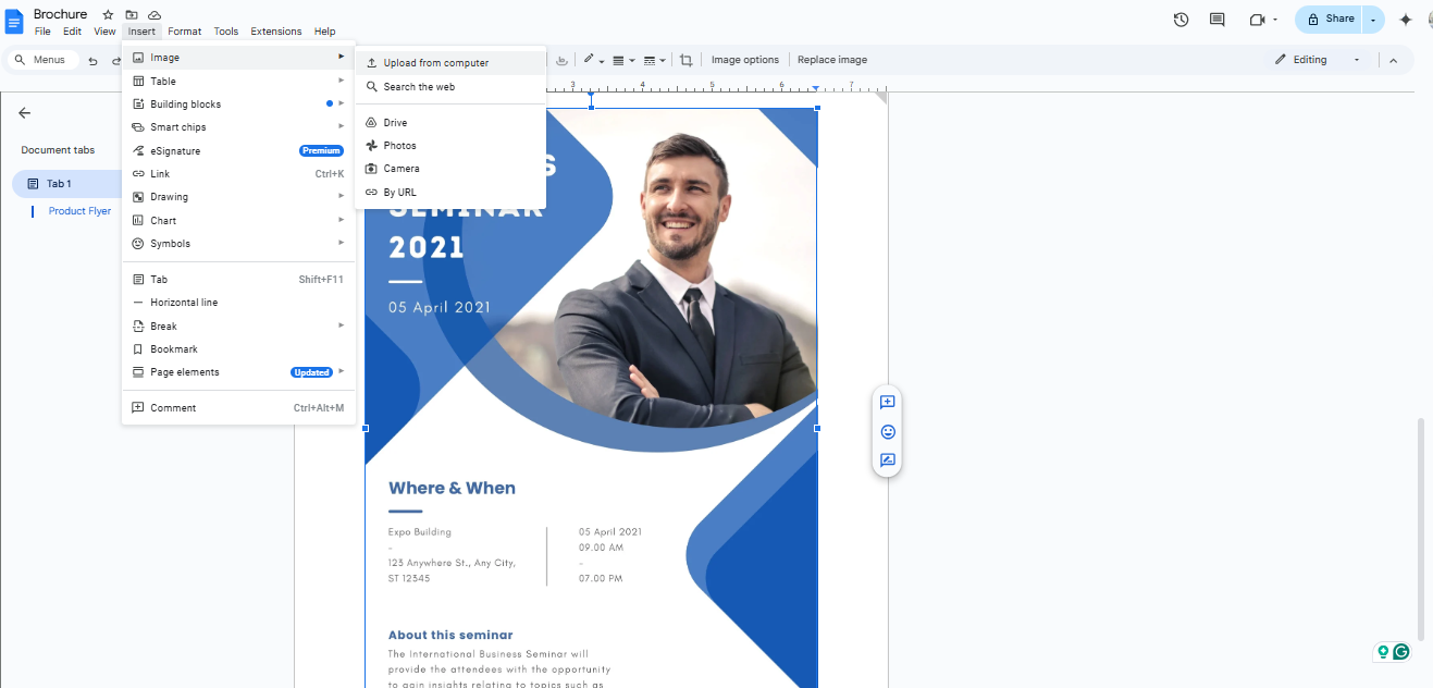 Insert text, images, or shapes to the flyer in Google Docs