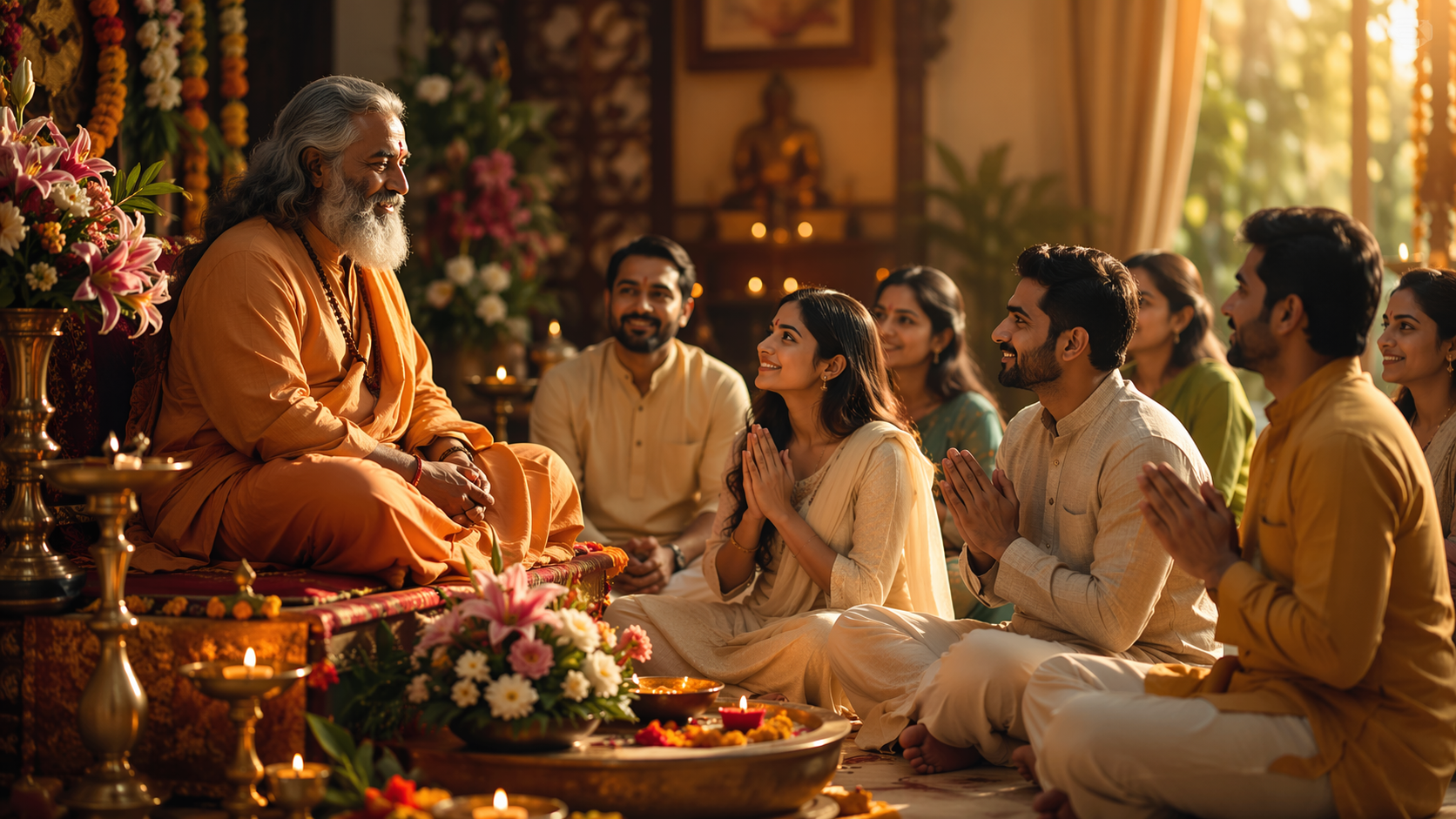 Dreamina Guru Purnima AI Image Prompts prompt example 6: Soft Floral Offering