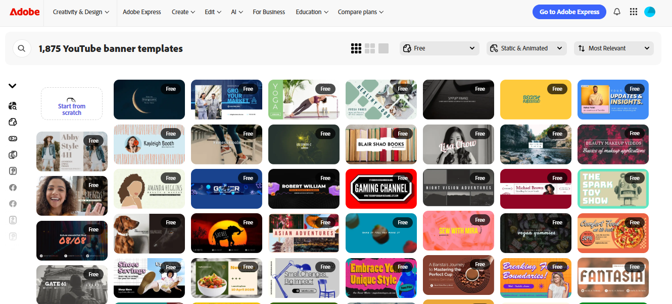 Adobe Express YouTube banner templates