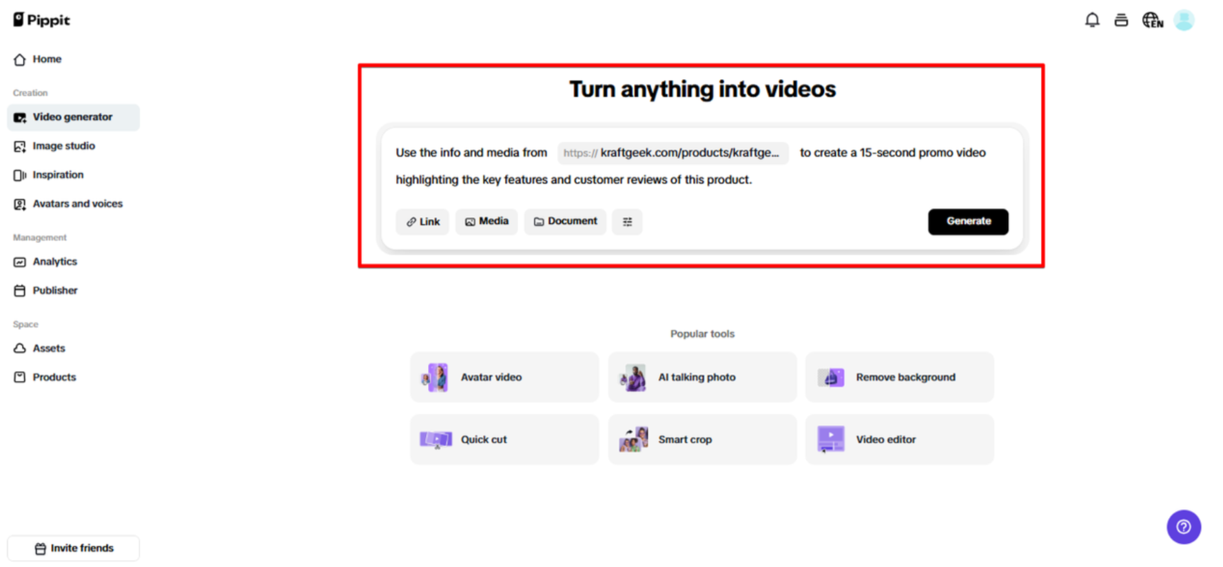 Entering prompt in Pippit video generator