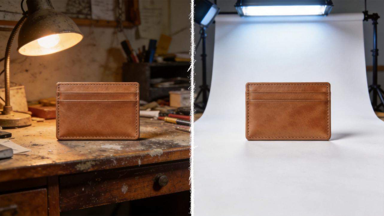 Leather card holder on a cluttered workshop table beside a studio setup with a white backdrop.