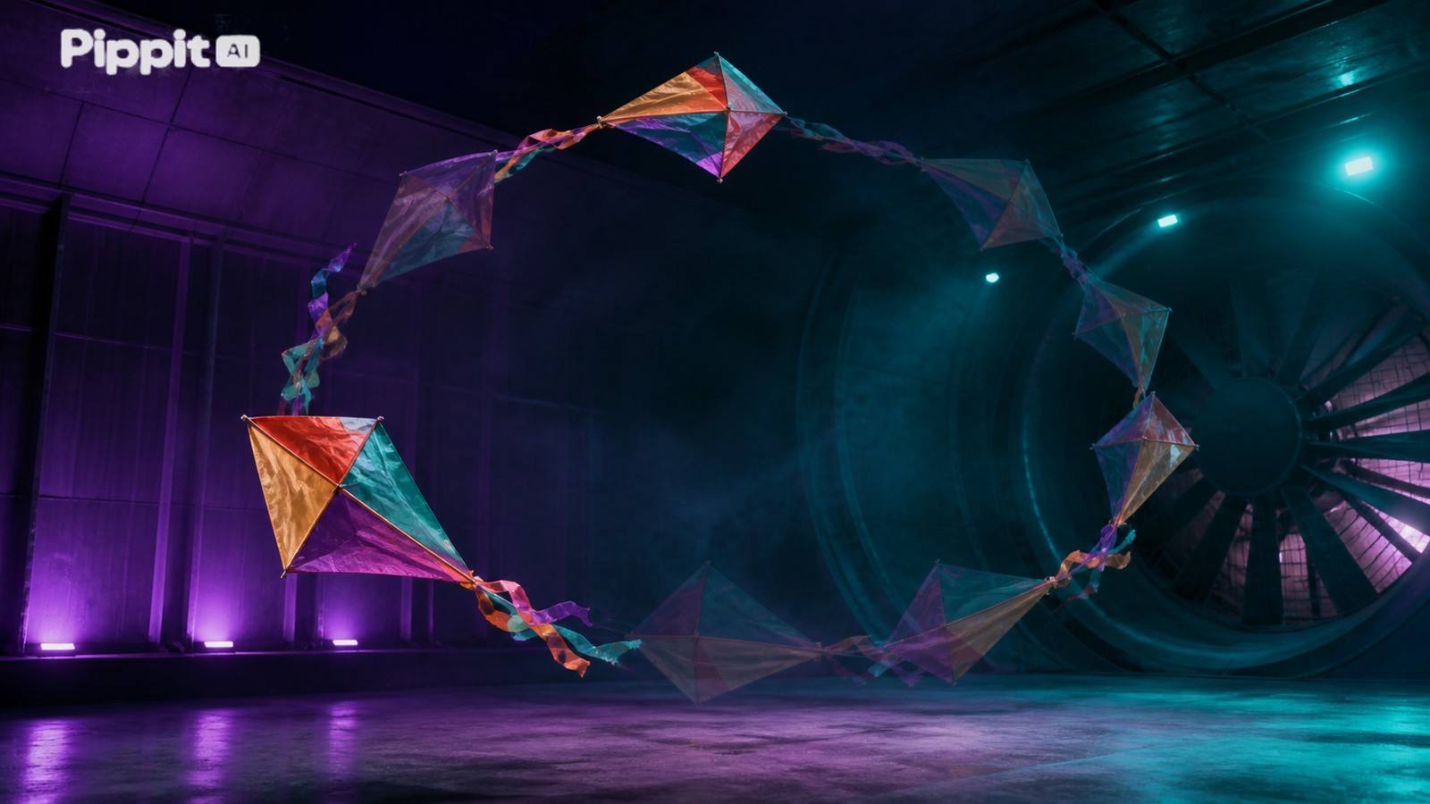 Colorful kites form a glowing circular loop in a neon-lit hangar beside a large jet engine.