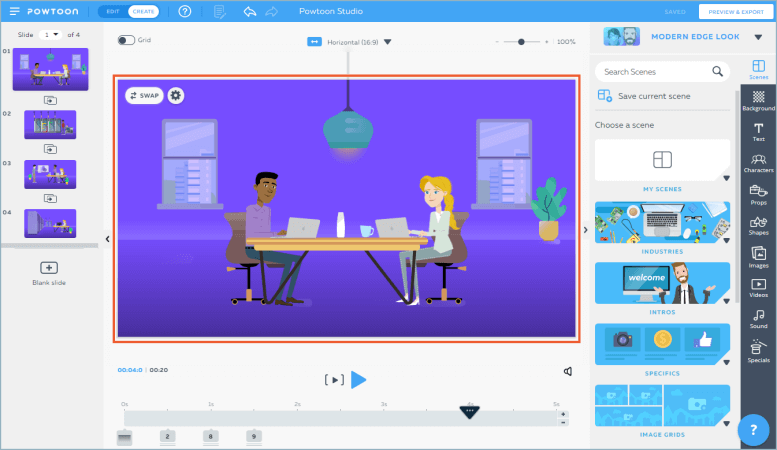 Interface von Powtoon - ein weiterer kostenloser Online-Whiteboard-Animationshersteller