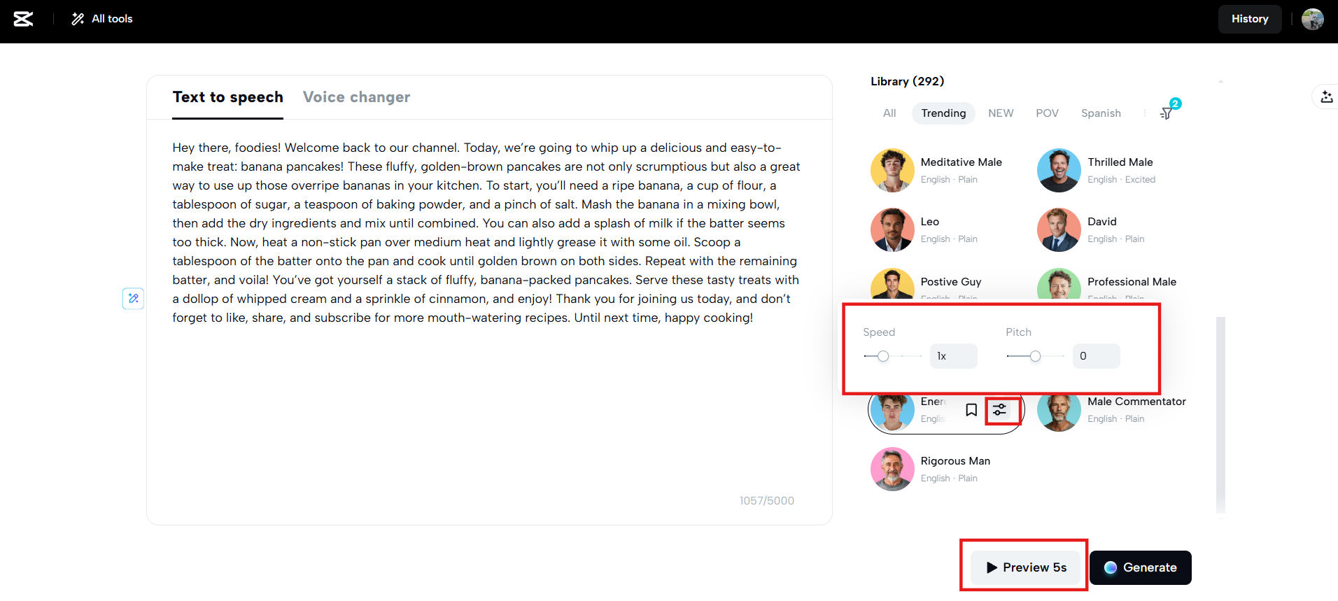 Adjust the speed and pitch and click on the preview