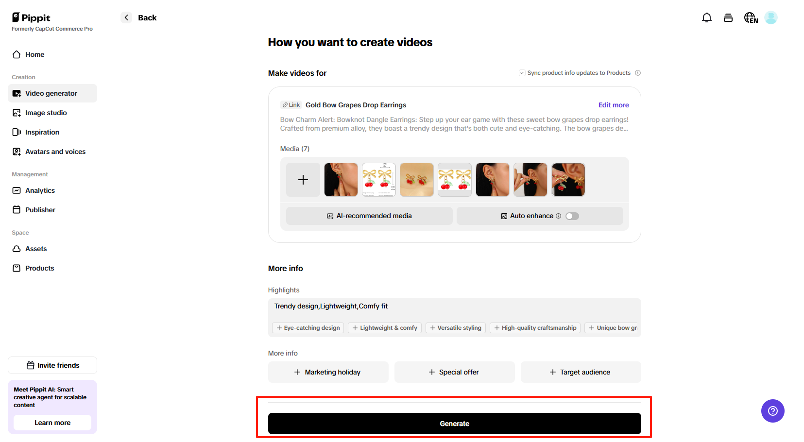 i-customize ang mga setting ng video sa Pippit