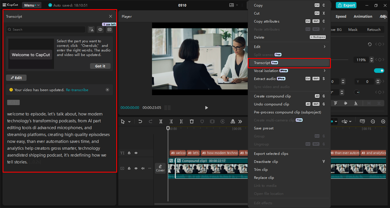 Přepis videa v editoru videa CapCut