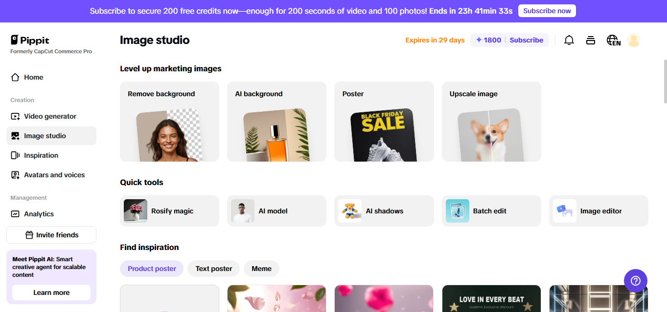 Pippit's image studio interface with multiple options for images