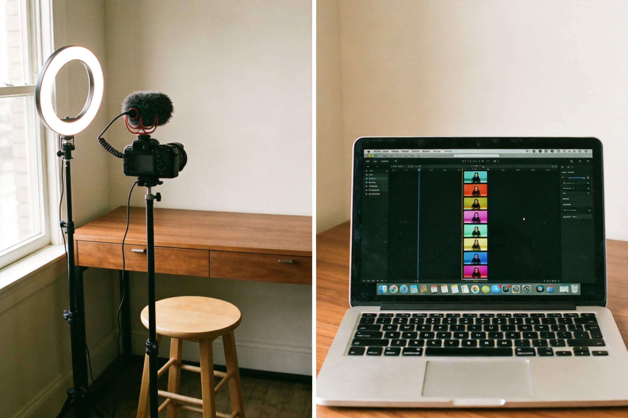 Ring light and camera setup beside a laptop with video editing timeline