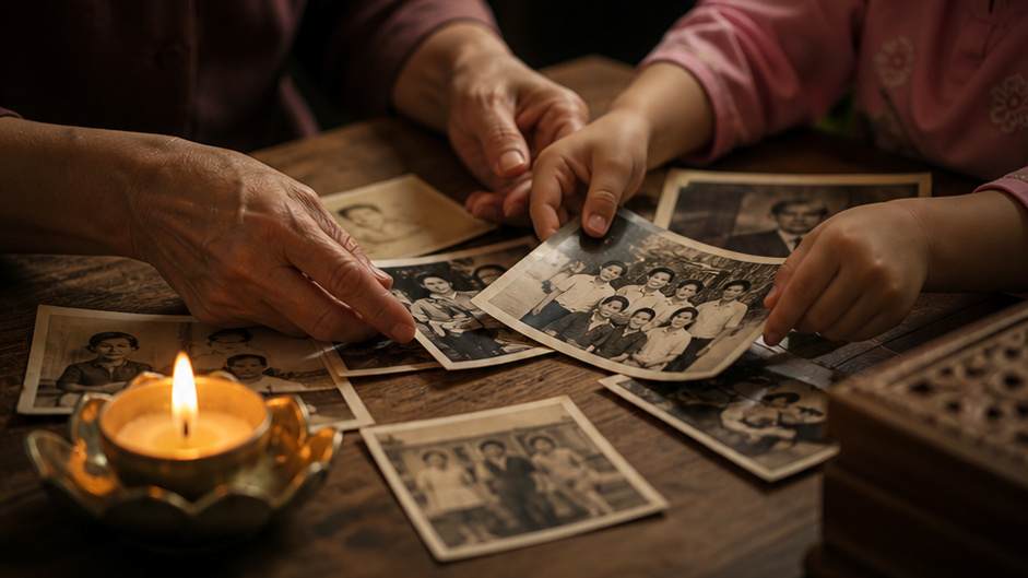 Vu Lan Photo Collage — hands arranging printed family photos beside a candle