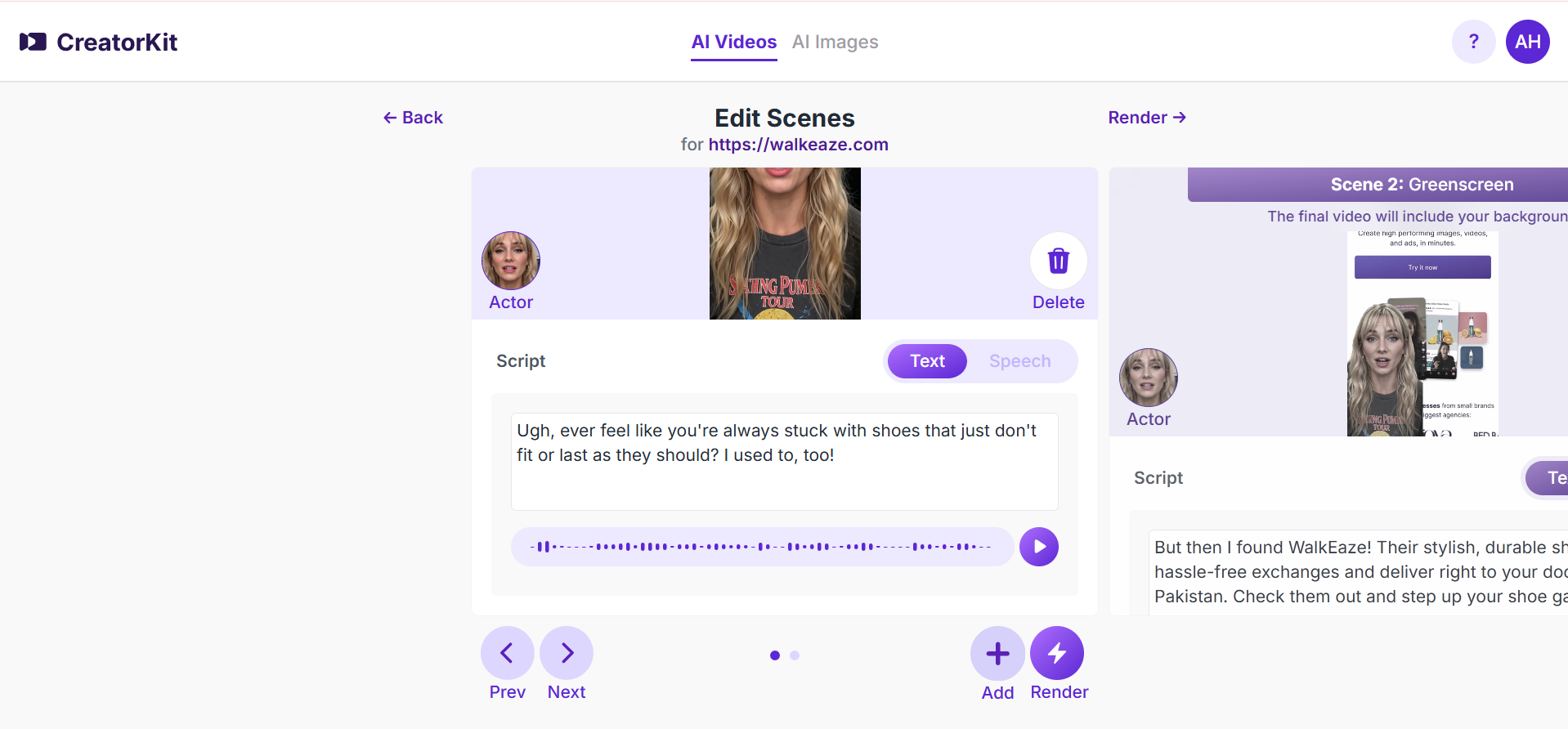 Oberfläche von CreatorKit – ein Online-UGC-KI-Video-Generator