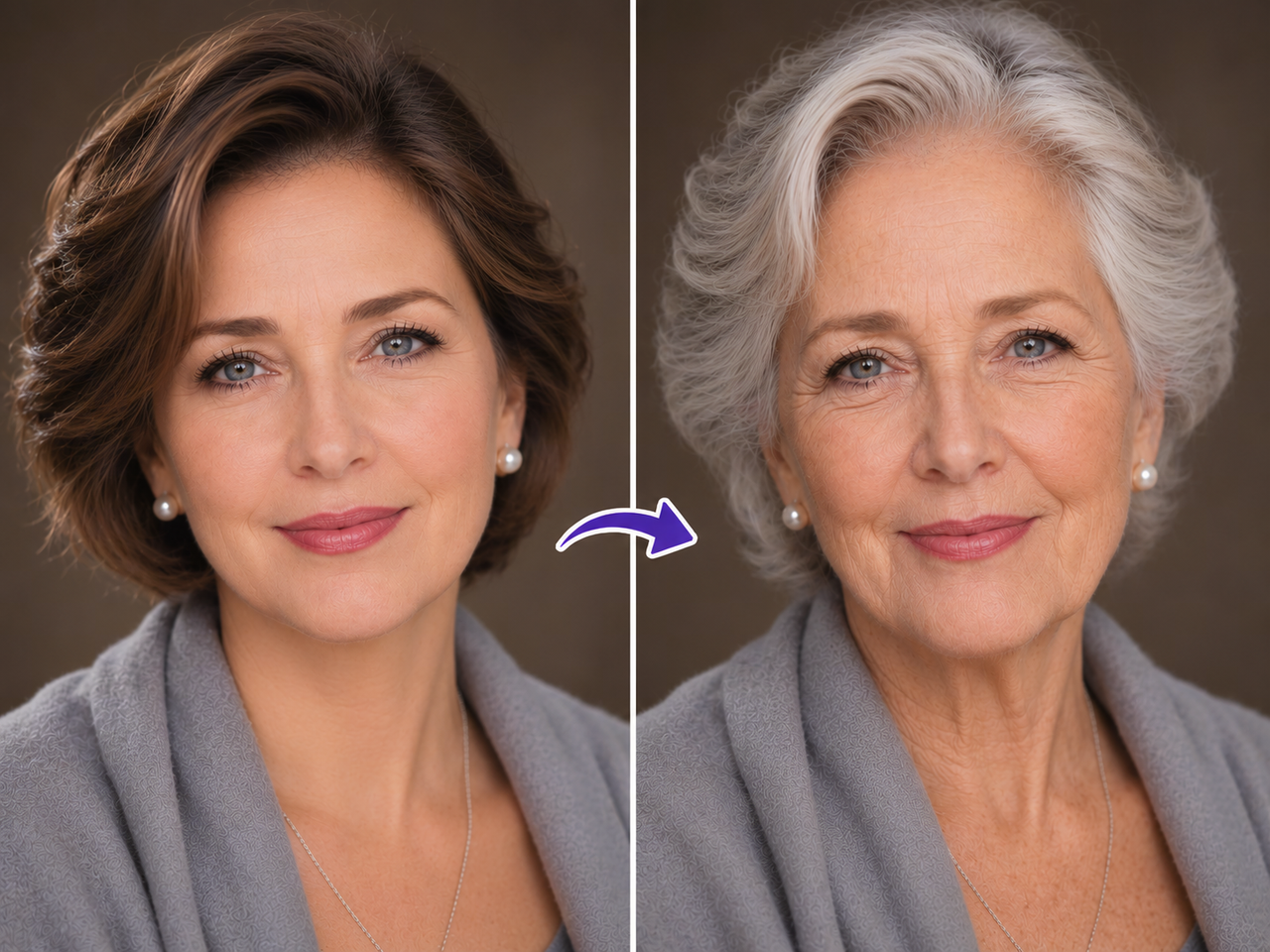 Mujer mayor generada por IA con cabello plateado