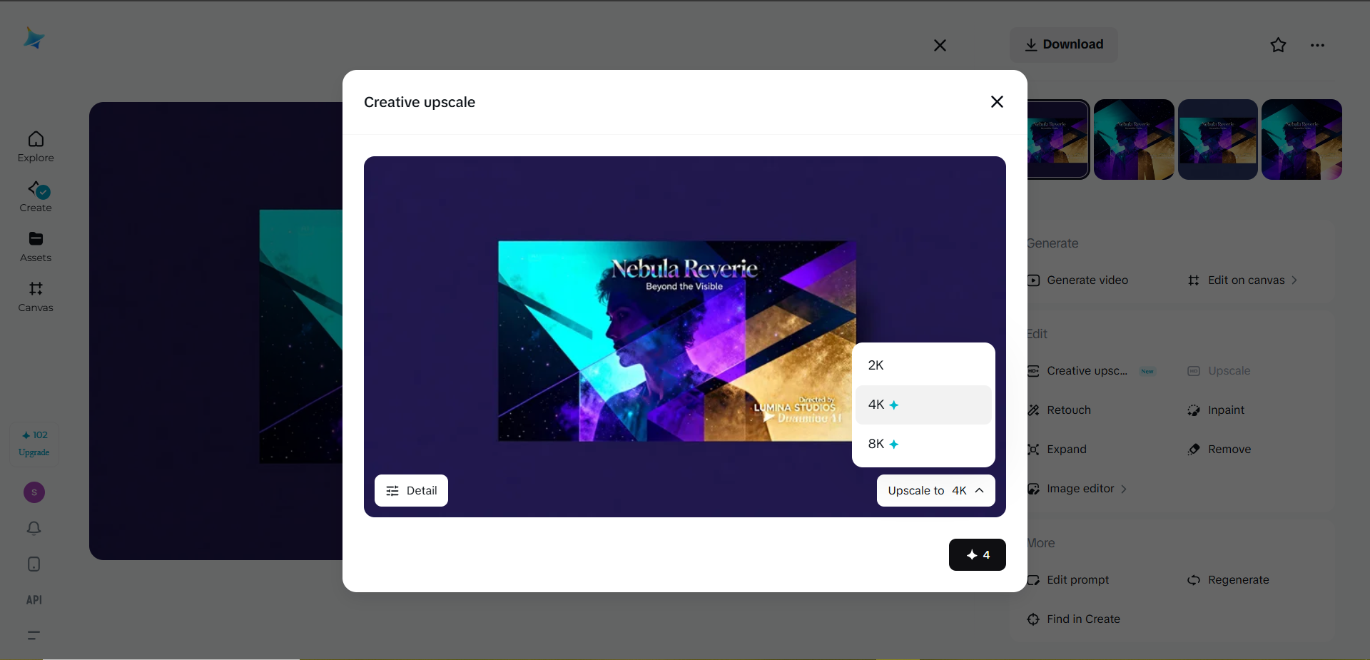 Using creative upscale features of Dreamian to enhance an abstract art poster