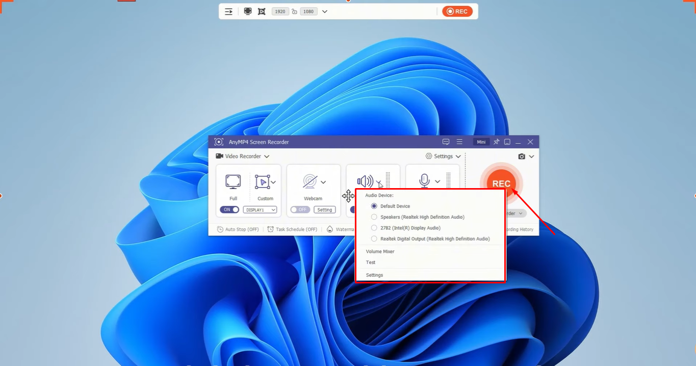 AnyMP 4レコーダーの設定を調整して録画を開始する