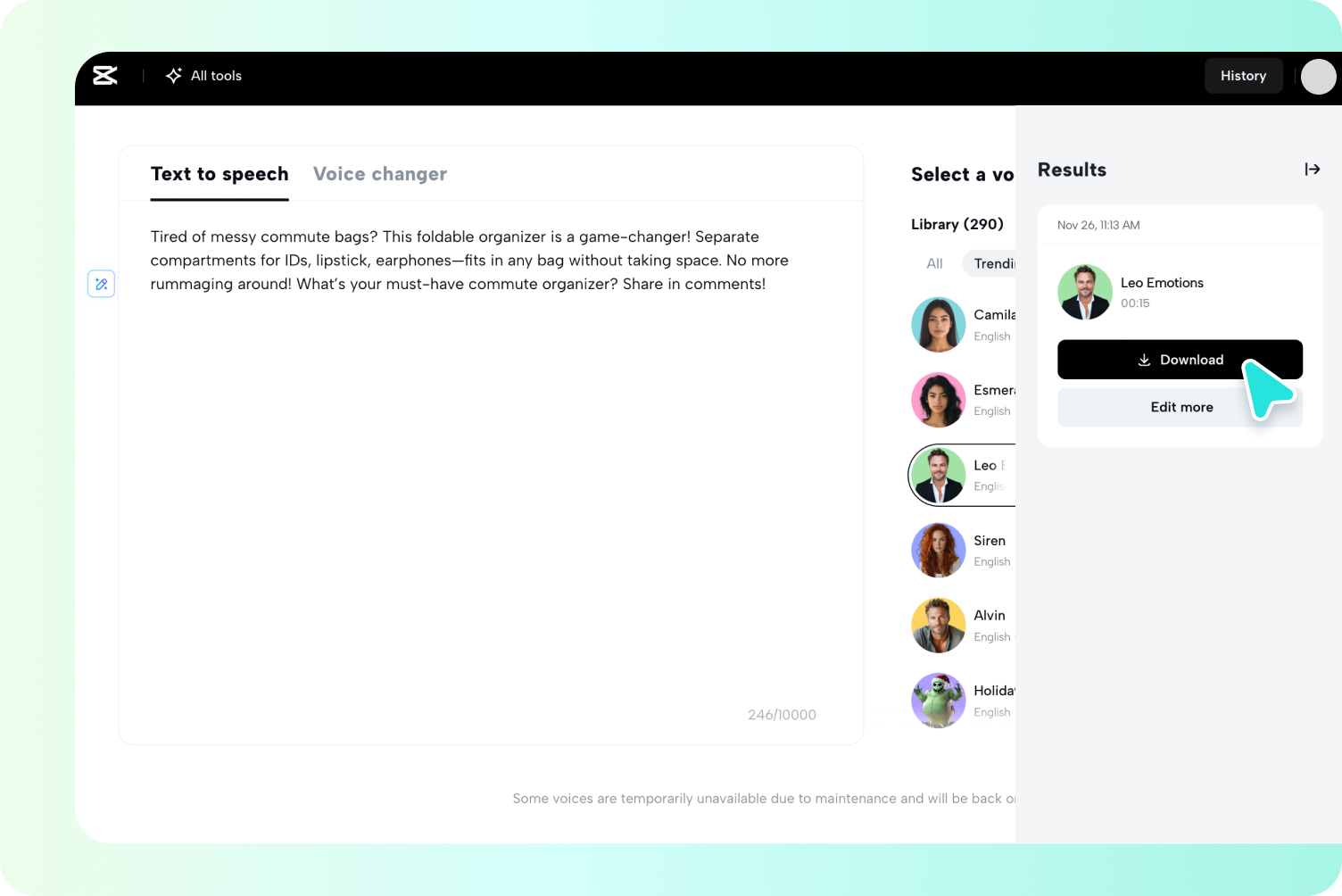  generating and applying teh final speech in the CapCut online video editor