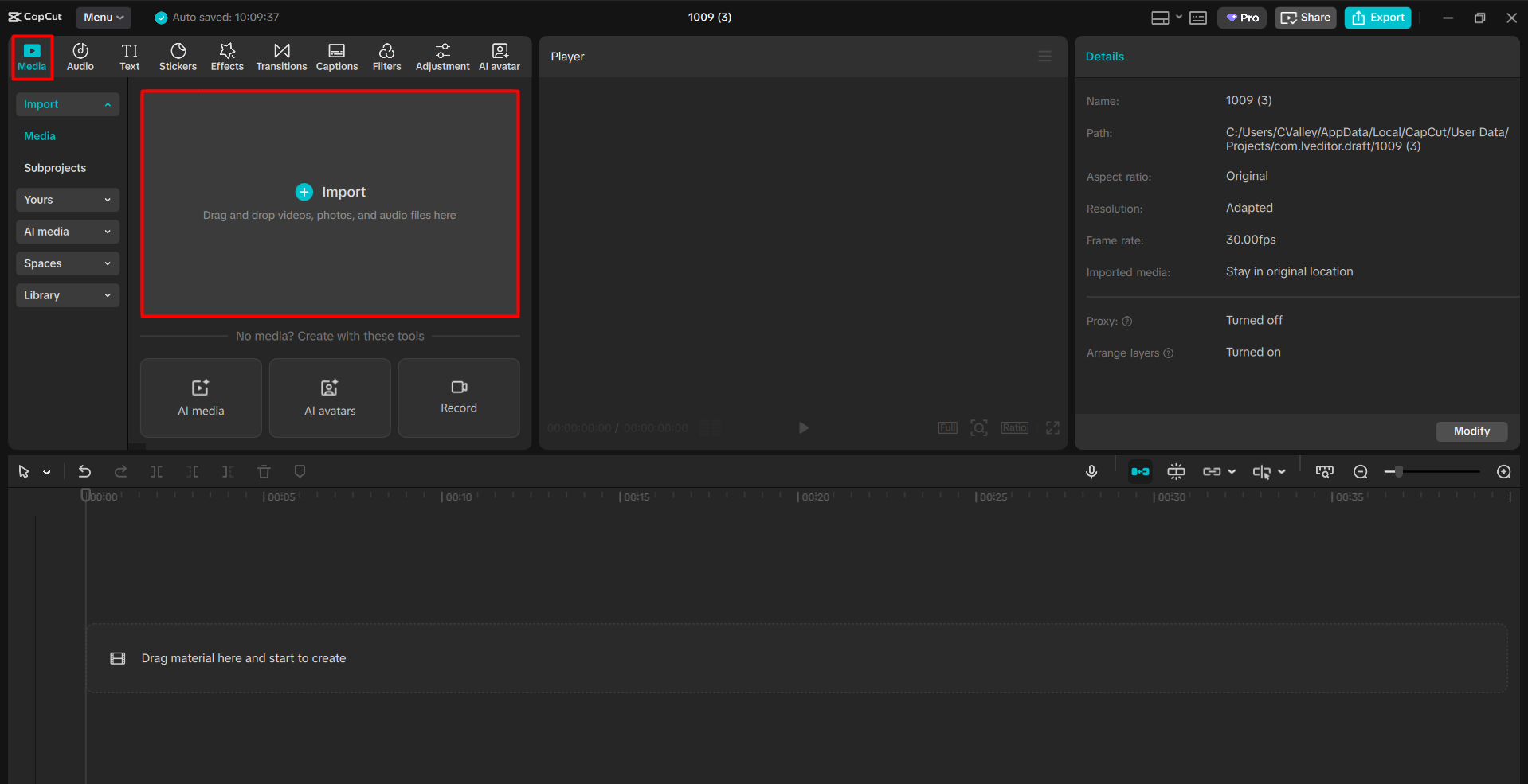 Importing video in the CapCut desktop video editor
