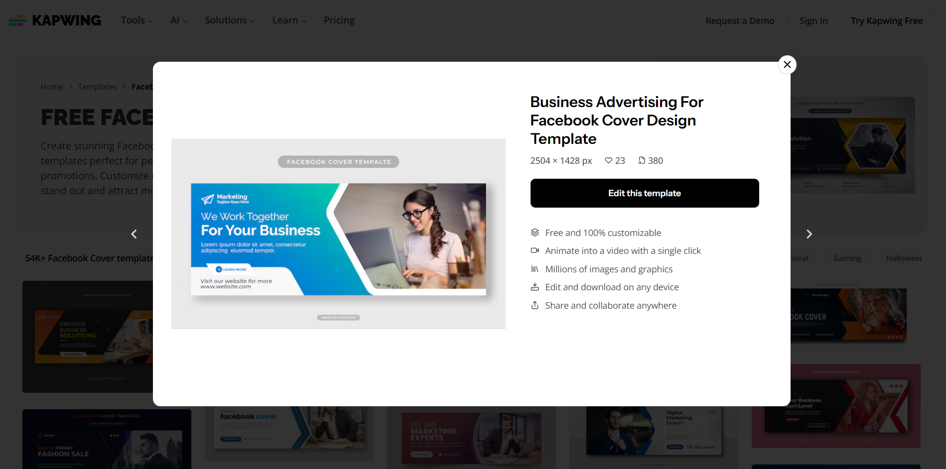 Interface of Kapwing - an easy way to edit Facebook cover image template