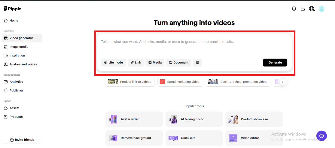 Navegue até a seção "Gerador de vídeos".