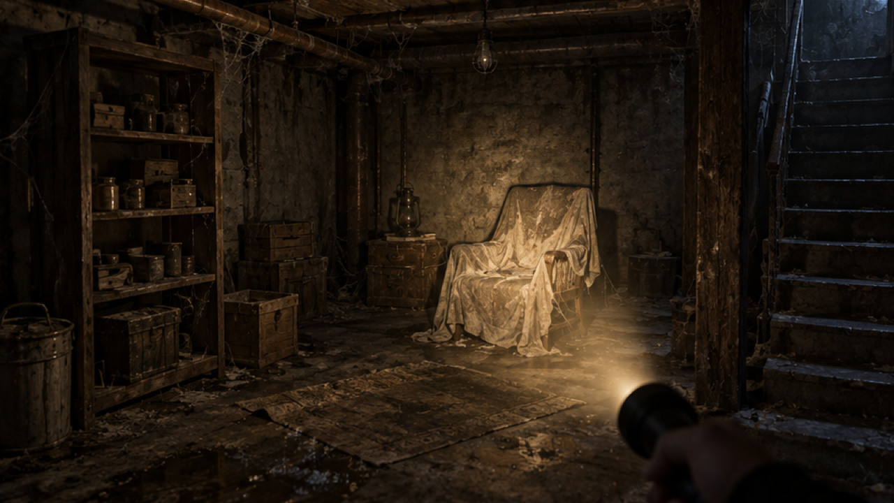 First-person flashlight view of abandoned basement, dusty covered chair under a cone of light, old shelves and concrete walls, original atmospheric horror