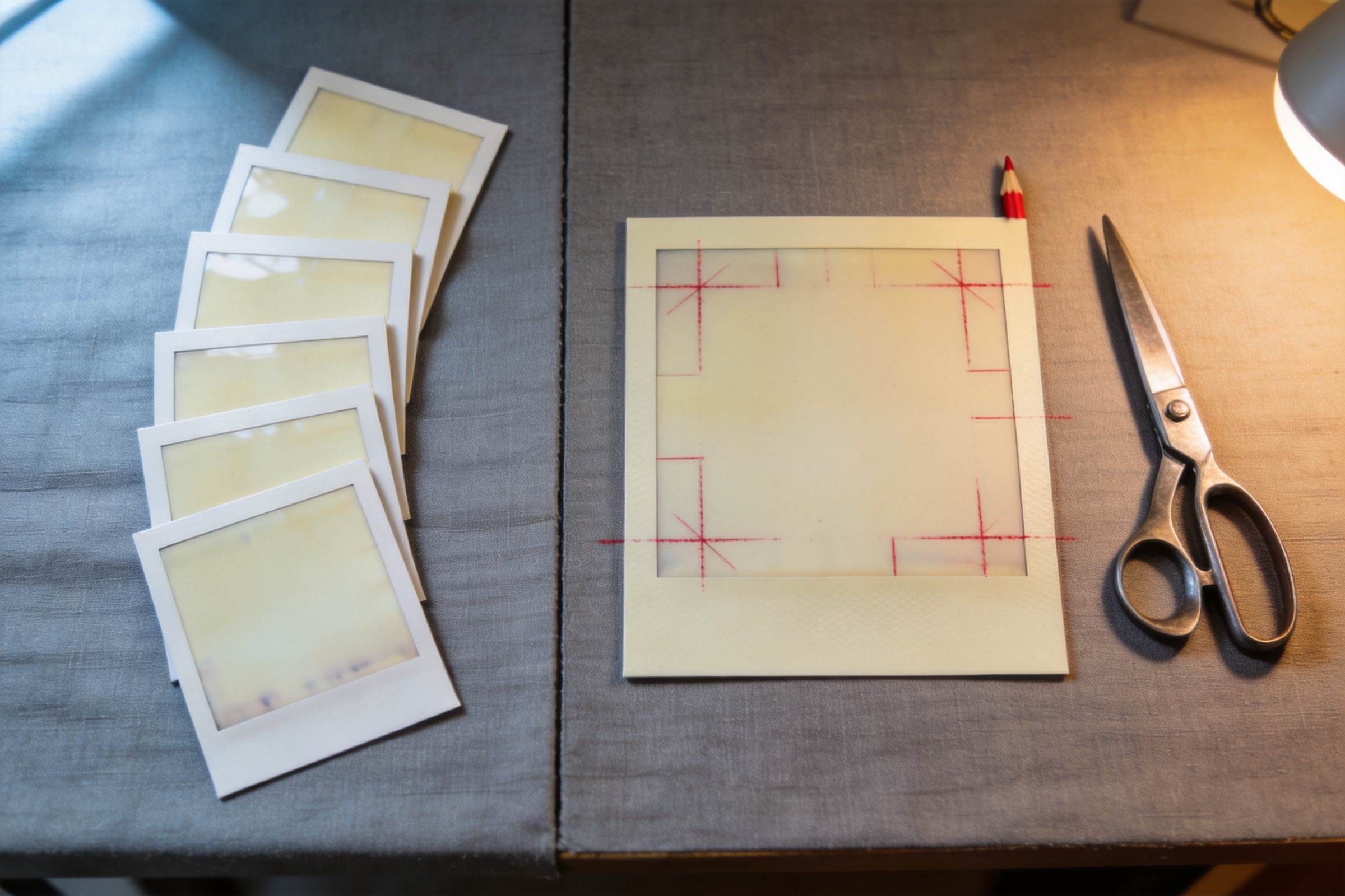 Blank photo frames and scissors on a table with a marked frame under a desk lamp