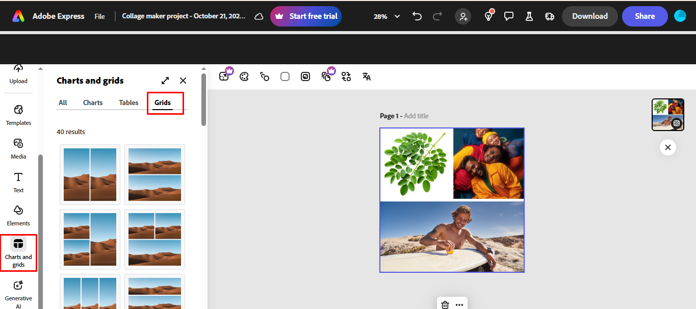 Selecting the grid template in Adobe Express