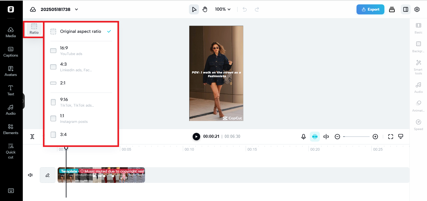 Ratio settings in Pippit's video editor