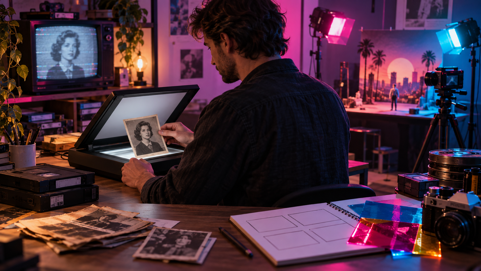 A creator digitizing an archive portrait beside a neon-lit filming set