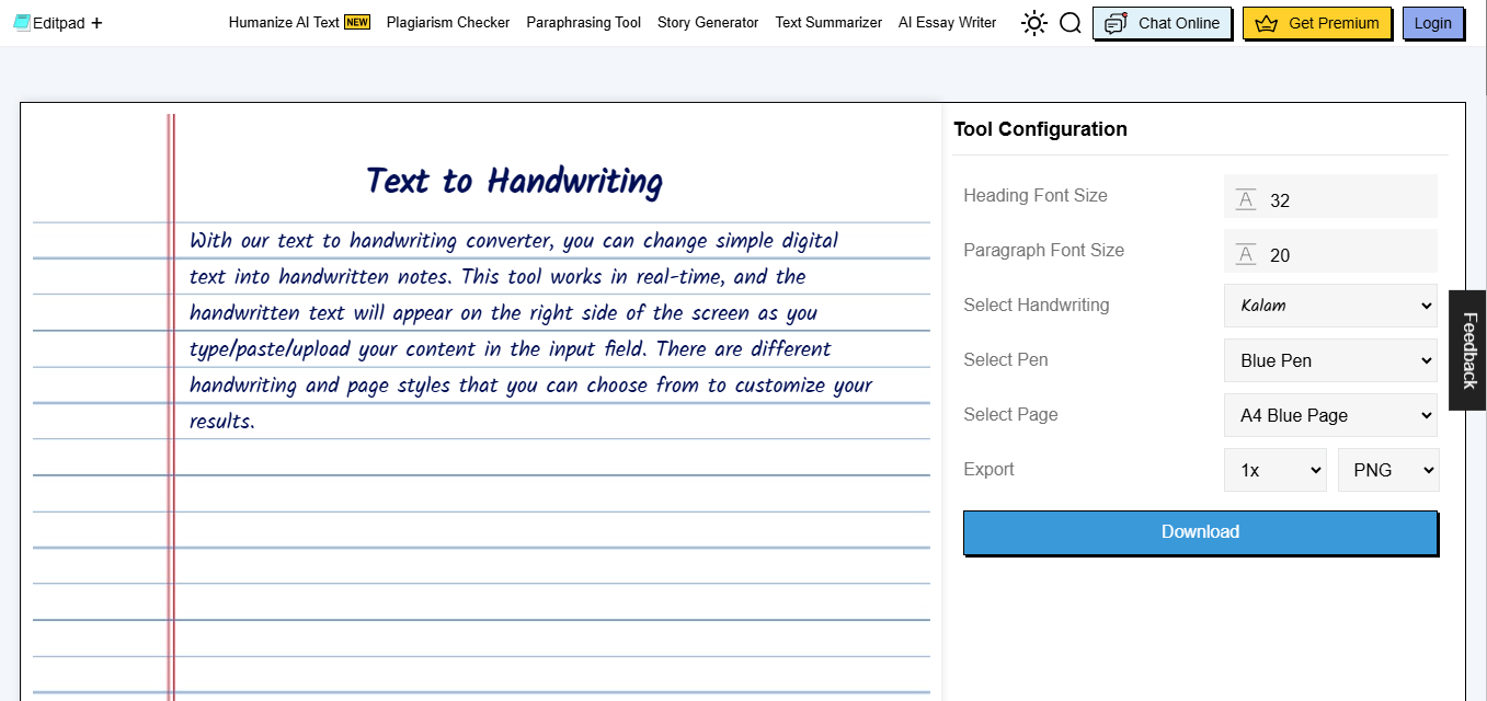 Schnittstelle von Editpad - ein perfektes Werkzeug zur Umwandlung von Text in Handschrift-KI