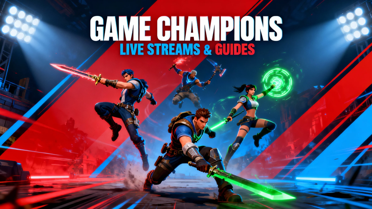 Banner de juego con personajes audaces en pose de acción