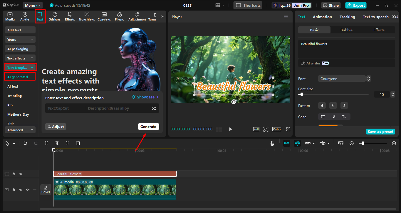 Mengedit gambar dengan menambahkan template teks AI di CapCut desktop vido editor
