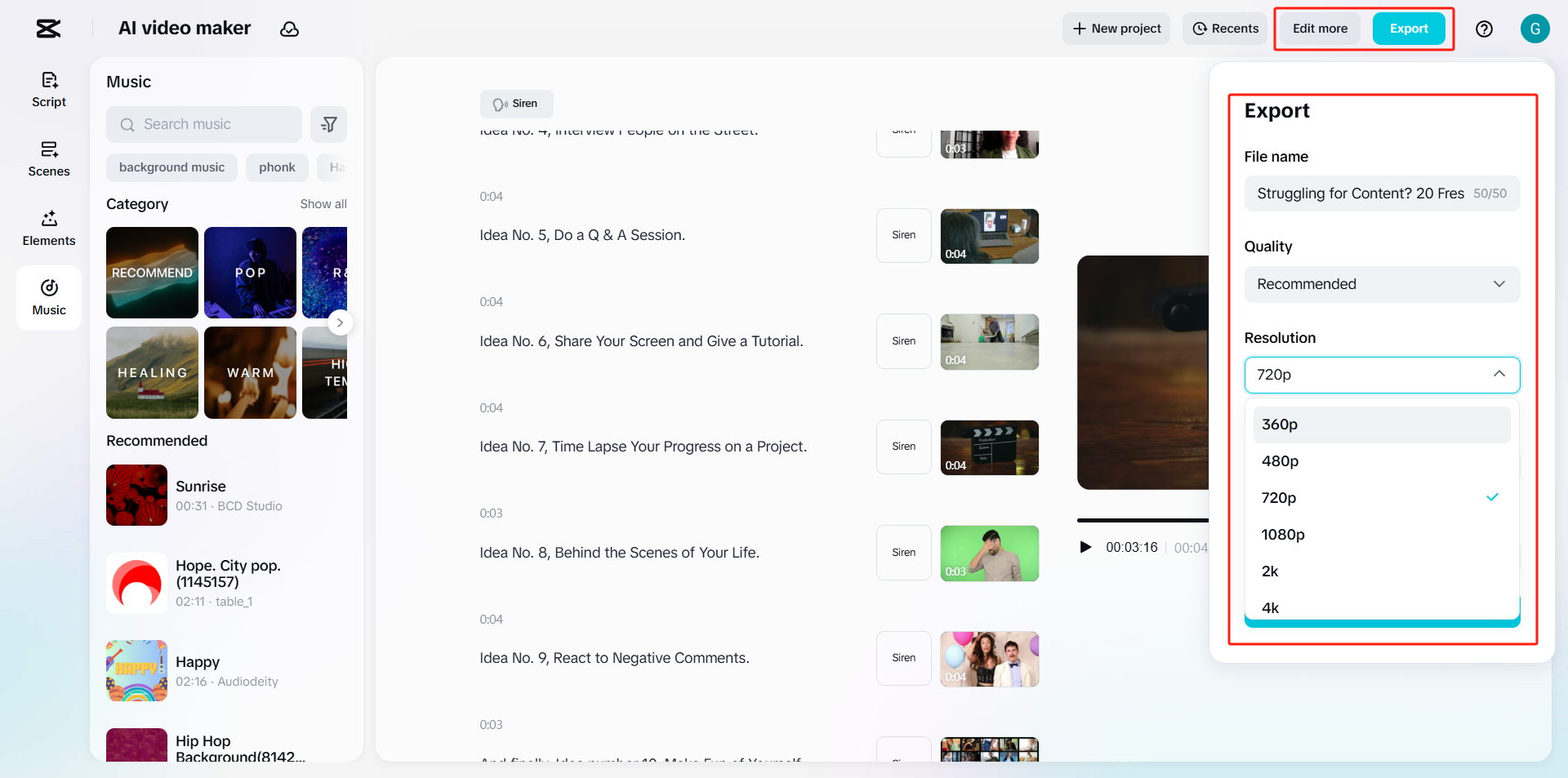 Click on edit more or export