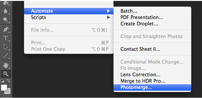 Accesso alla funzione Photomerge in Adobe Photoshop