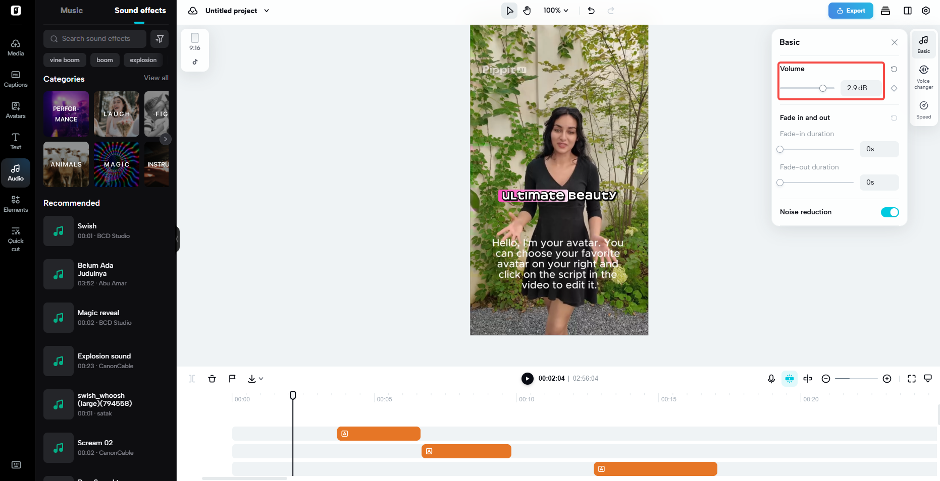 sound effects volume settings in Pippit