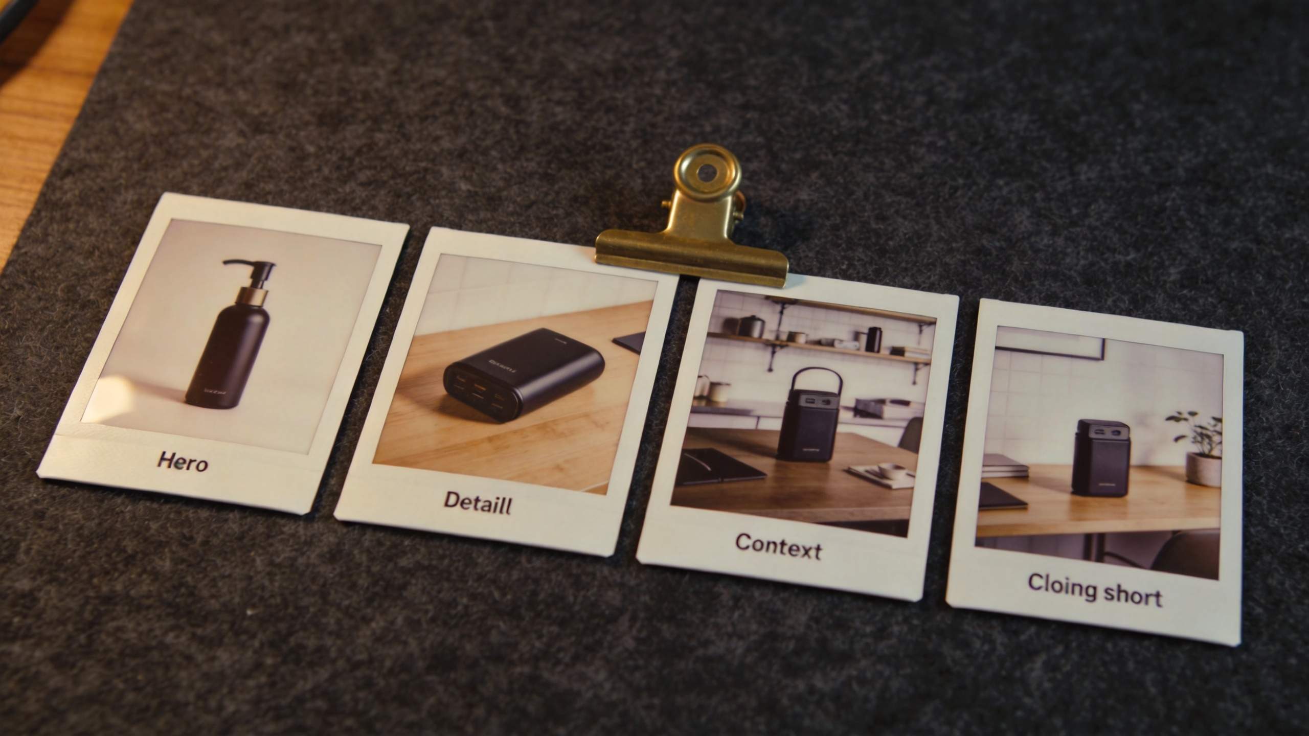 Four Polaroid-style product photos labeled Hero, Detail, Context, and Closing shot