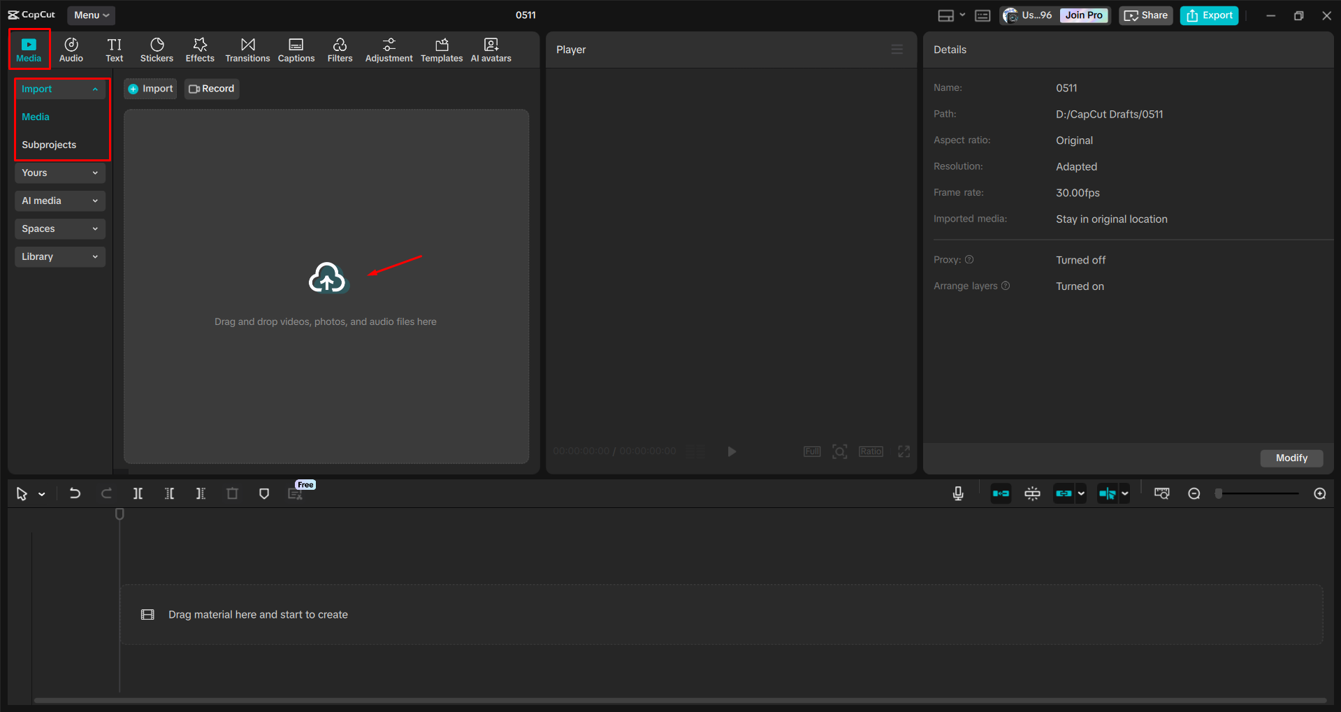 Importieren eines Videos in den CapCut Desktop-Video-Editor