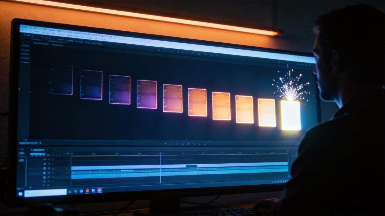 Video editor working on a countdown sequence with glowing number cards and fireworks