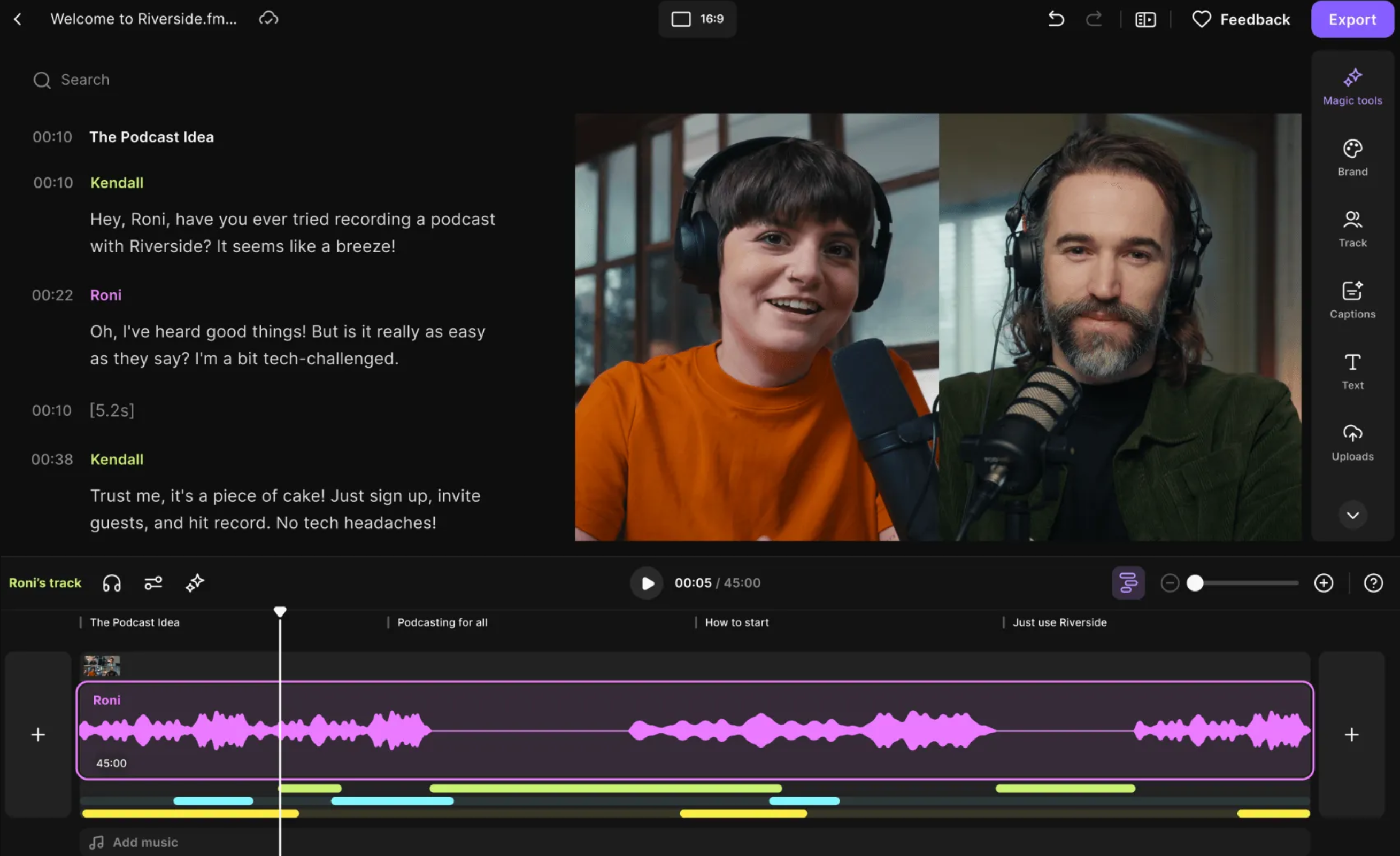 Interface of Riverside - the best free video podcast software