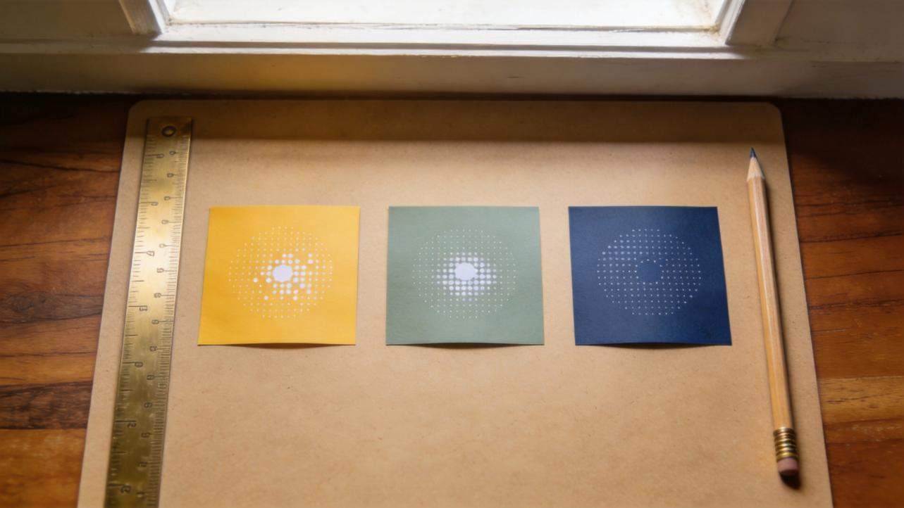 Three colored sticky notes with circular dot patterns on a desk beside a ruler and pencil