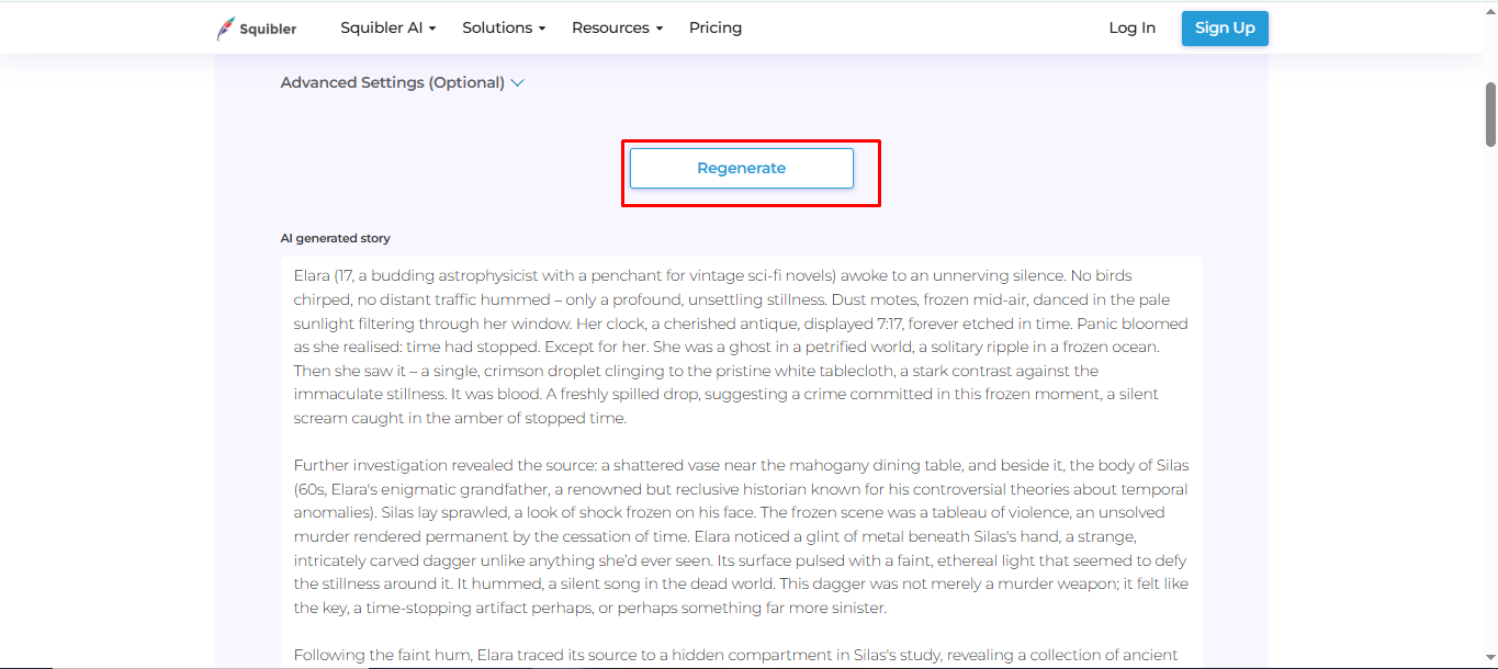 Generating the story in Squibler AI story writer