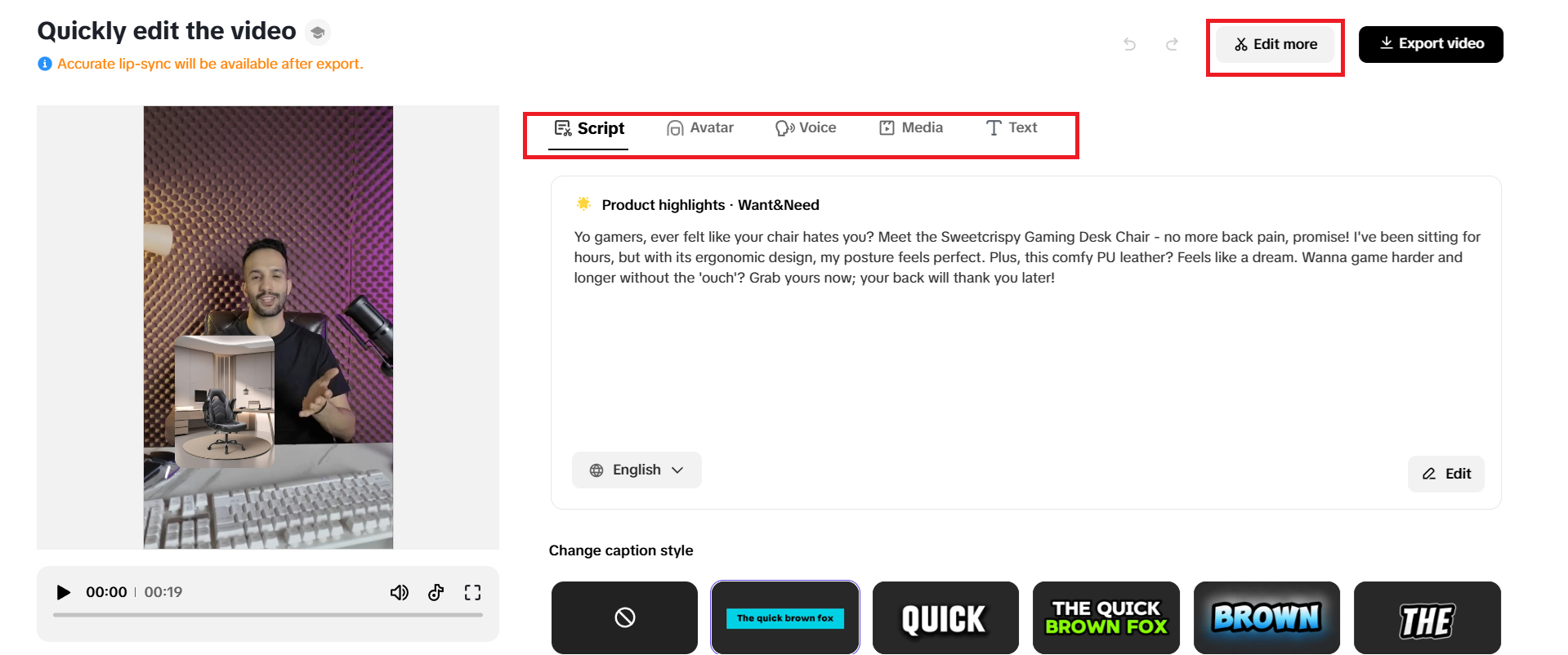 Quick editing options