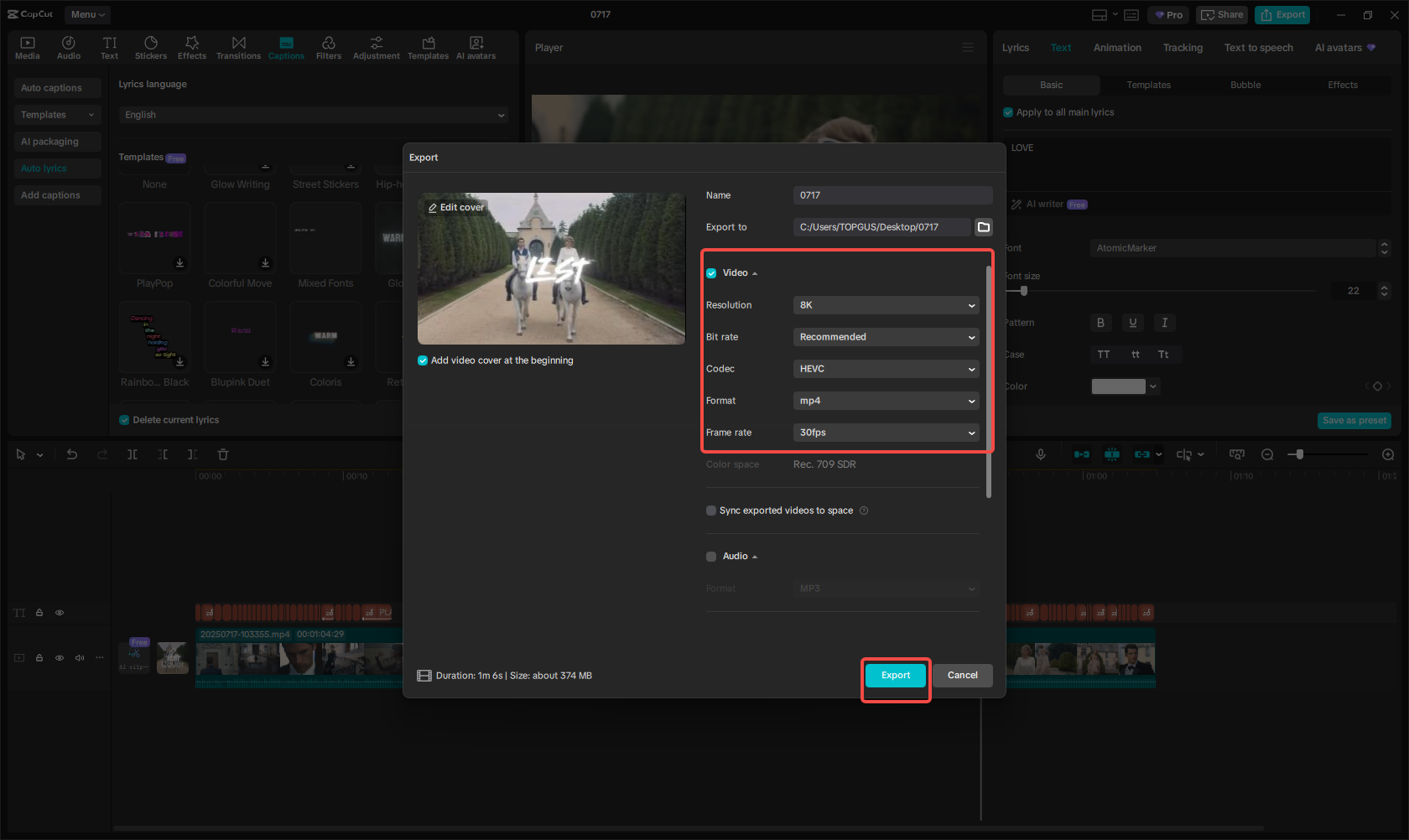 Export the lyric video