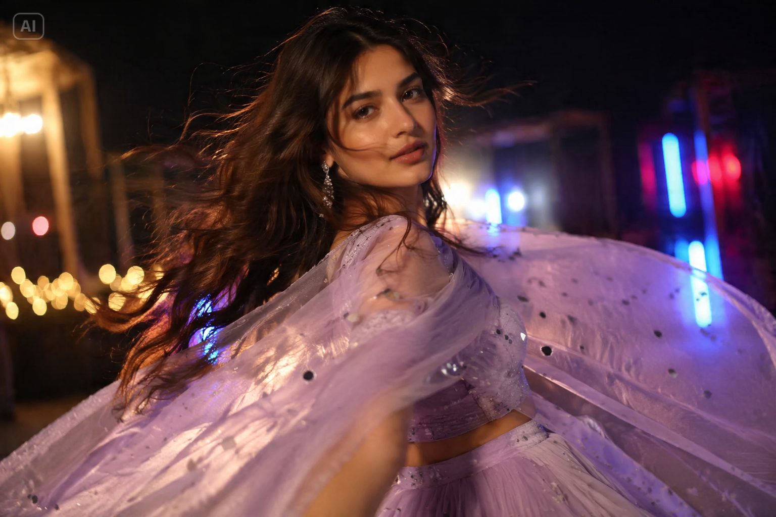 Lavendel Lehenga Neon Nachtporträt