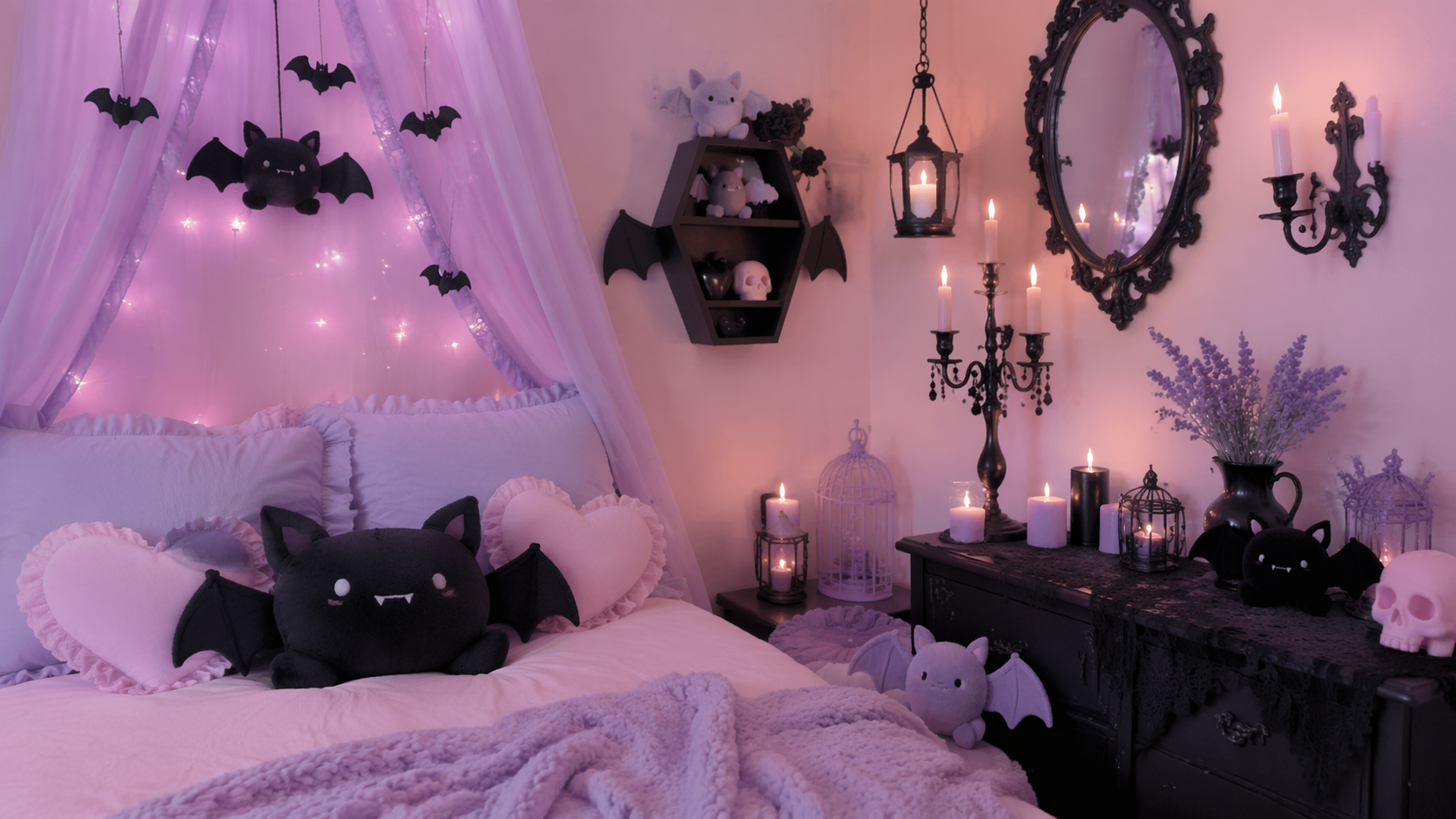 Dreamina Pastell Goth Ästhetik Prompt Beispiel 2: Pastell Black Room Decor